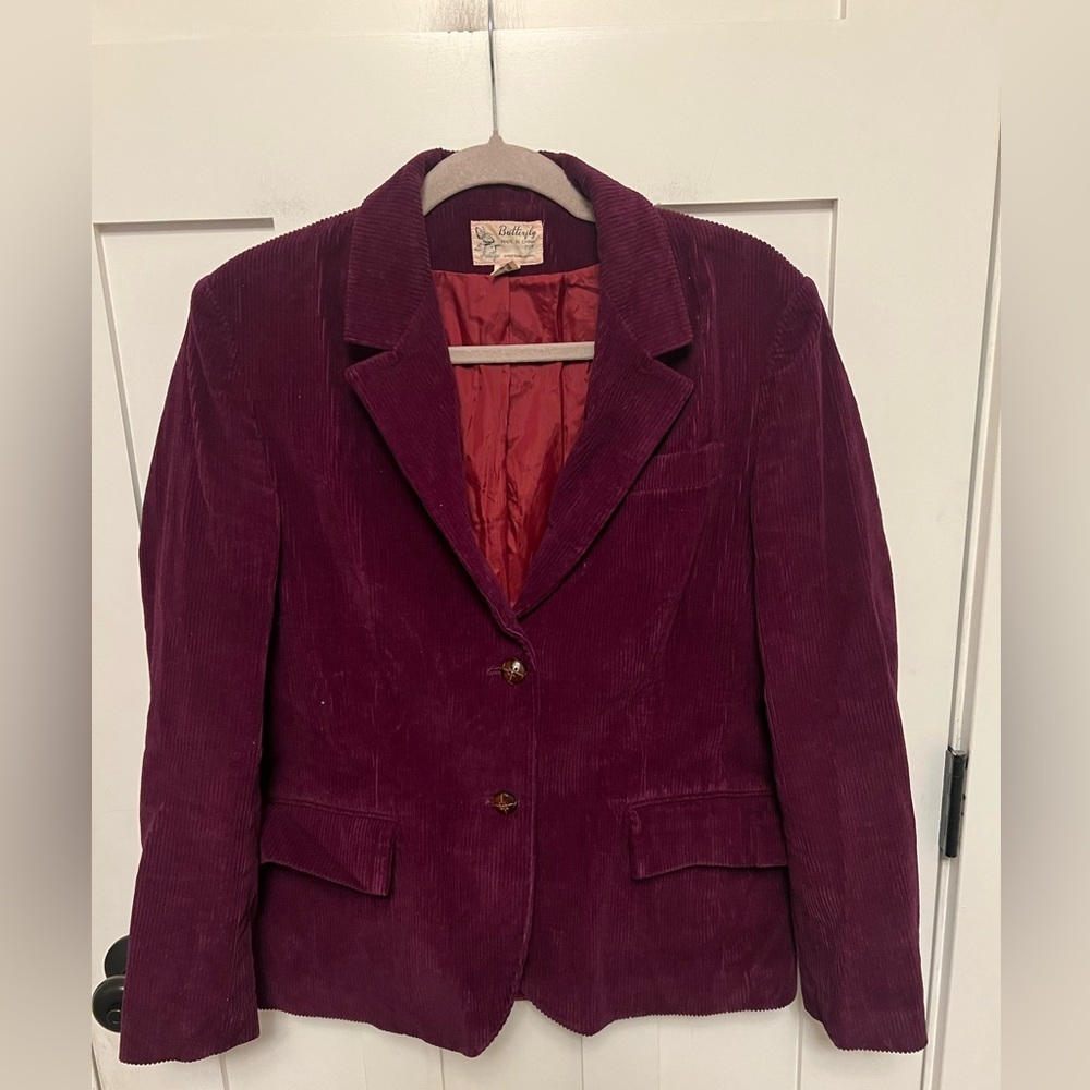Vintage Maroon Corduroy Blazer Size 10 Two Button Pocket Butterfly Prestige - Picture 3 of 11
